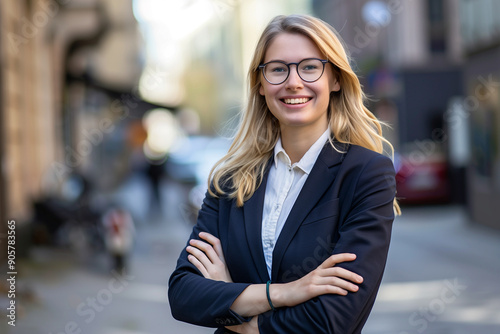 Proud businesswoman arms crossed in street photography of a blonde woman with eyeglasses