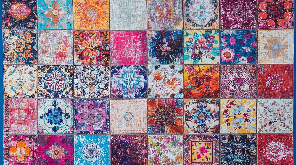 Vibrant mosaic of colorful tiles featuring intricate patterns and designs, showcasing a mix of traditional and modern art styles, perfect for bohemian or eclectic decor. Vibrant mosaic of colorful tiles featuring intricate patterns and designs, showcasing a mix of traditional and modern art styles, perfect for bohemian or eclectic decor.