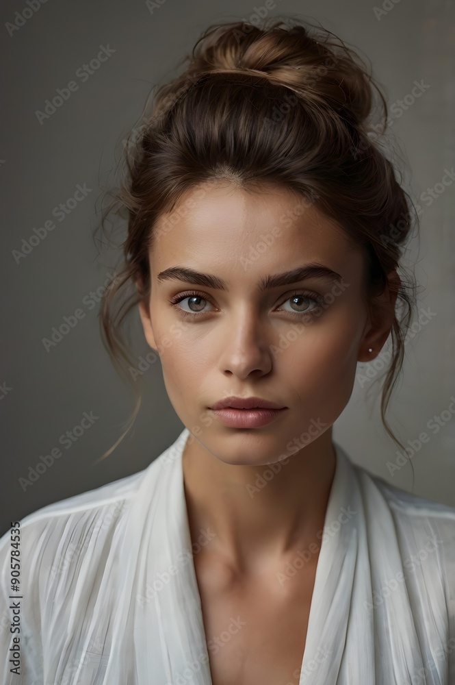 portrait of a woman, Young Woman with Brown Hair in Bun Against Beige Background portrait of a woman, Young Woman with Brown Hair in Bun Against Beige Background