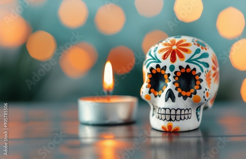 Colorful Sugar Skull and Lit Candle for Day of the Dead Celebration