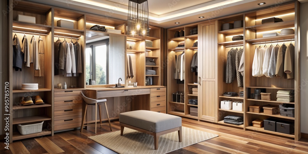 Modern Walk-In Closet with Wooden Shelves and LED Lighting, Interior ...