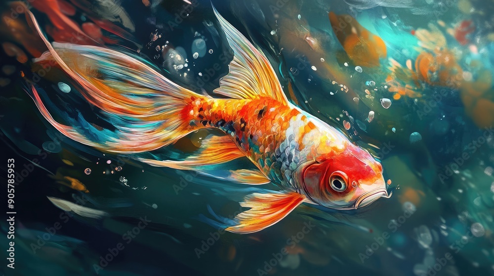 Beautiful fish with colorful hues on a dramatic water backdrop, exuding energy Beautiful fish with colorful hues on a dramatic water backdrop, exuding energy