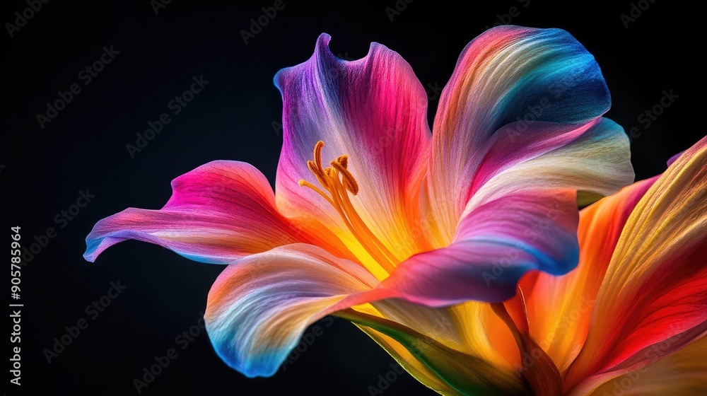 Obraz premium Beautiful flower amidst vibrant colors on dramatic black backdrop, exuding energy
