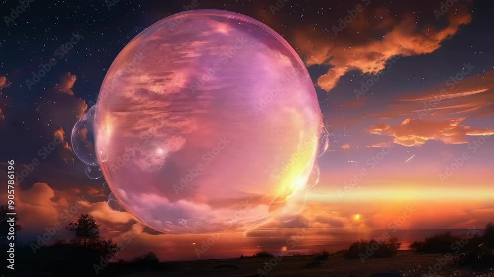 A giant bubble floats gracefully above a dreamy sunset landscape, showcasing a mesmerizing night sky within. The scene transitions from day to night, highlighting the magical and surreal atmosphere. A giant bubble floats gracefully above a dreamy sunset landscape, showcasing a mesmerizing night sky within. The scene transitions from day to night, highlighting the magical and surreal atmosphere.