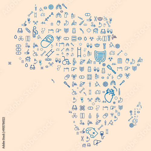 Map of Africa formed by icons related to medicine and healthcare system. SUS. Public healthcare. 