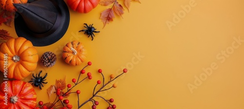 Halloween Decorations With Pumpkins, Spider, and Leaves on Orange Background