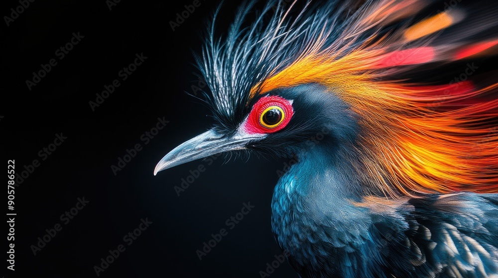 Fototapeta premium Dynamic beauty of a long-feathered bird with swirling colors on dramatic black backdrop