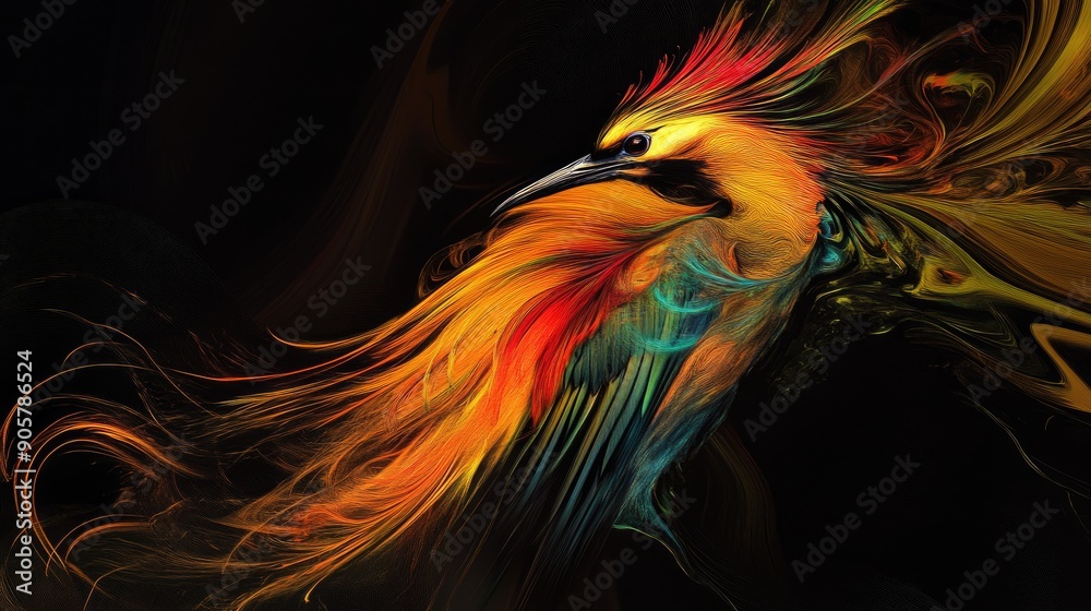 Obraz premium Dynamic beauty of a long-feathered bird with swirling colors on dramatic black backdrop