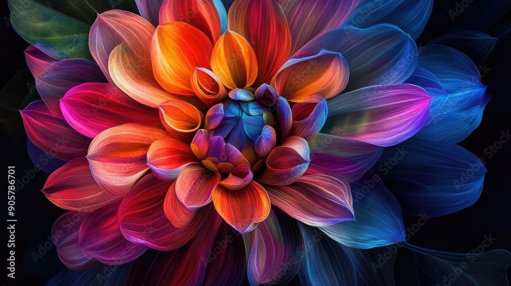 Dynamic flower blooms with vibrant colors on a dramatic black backdrop, exuding energy Dynamic flower blooms with vibrant colors on a dramatic black backdrop, exuding energy