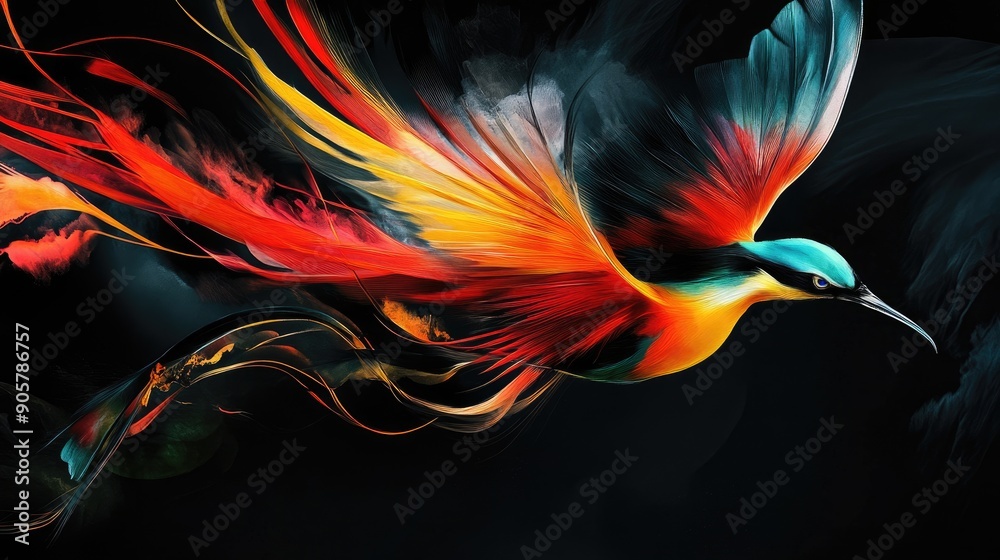 Obraz premium Dynamic long-feathered bird with vibrant colors on a dramatic black backdrop, exuding energy