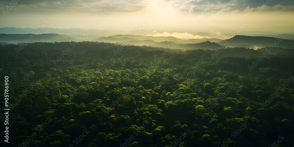 Adventure explore air dron view vibe, Beautiful green amazon forest landscape at sunset sunrise Adventure explore air dron view vibe, Beautiful green amazon forest landscape at sunset sunrise