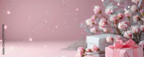Pink Gift Box With Flowers on a Soft Background