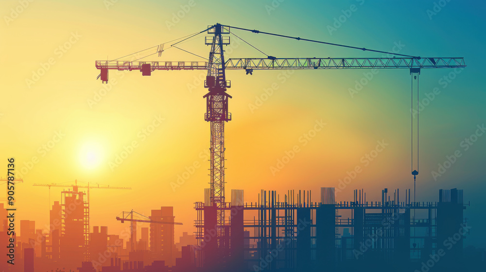 Tower cranes silhouetted against a vibrant sunset sky at an urban construction site, showcasing industrial growth and development. Tower cranes silhouetted against a vibrant sunset sky at an urban construction site, showcasing industrial growth and development.