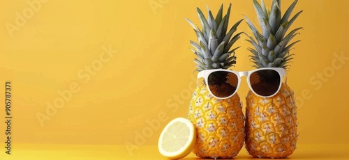Fun Pineapples With Sunglasses and Lemon on Bright Yellow Background
