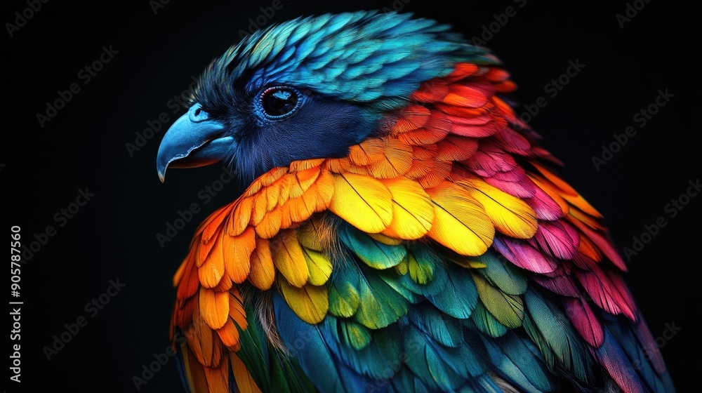 Obraz premium Stunning abstract beauty of a vibrant bird with colorful feathers on a dramatic black backdrop