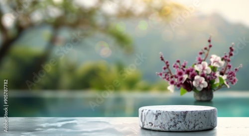 Elegant Marble Surface With Floral Arrangement Near Poolside in Natural Light