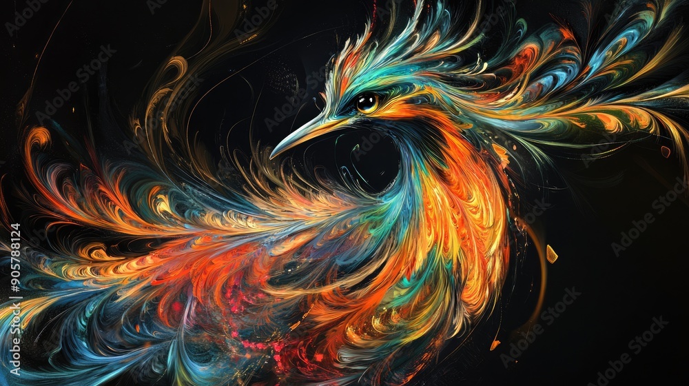 Vibrant and dynamic abstract beauty of a long-feathered bird on dramatic black background Vibrant and dynamic abstract beauty of a long-feathered bird on dramatic black background