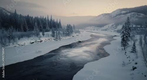 Serene Winter River Flowing Through Snow-Covered Mountains at Dusk