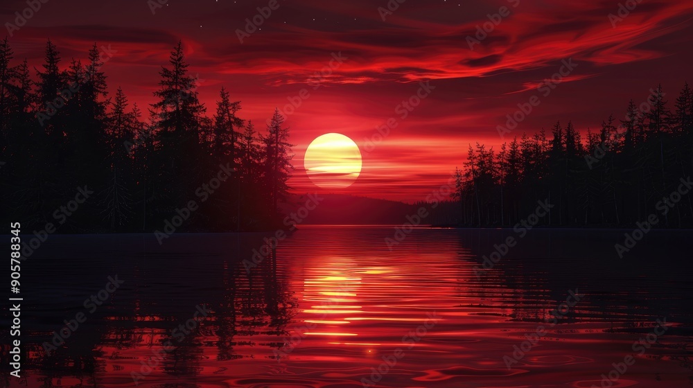 Subdued sunset over lake with low horizon burgundy sky and sun behind trees offering space for text Subdued sunset over lake with low horizon burgundy sky and sun behind trees offering space for text