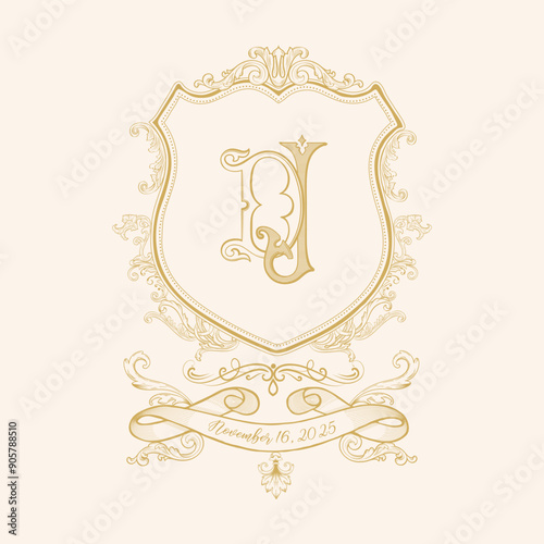 Vintage wedding crest design with initial D J. Retro design element crest; can be used in wedding napkins, plates, invitations. Vector Illustration.