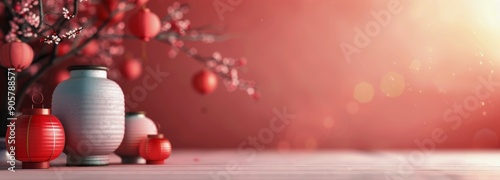 Red Lanterns and Orbs Gathering in a Warm Setting