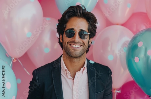 Stylish Man in Pink Suit With Sunglasses Posing Against Colorful Balloon Back...