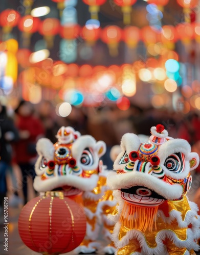 Lion Dance Performers Amid Vibrant Lanterns During Lunar New Year Celebration