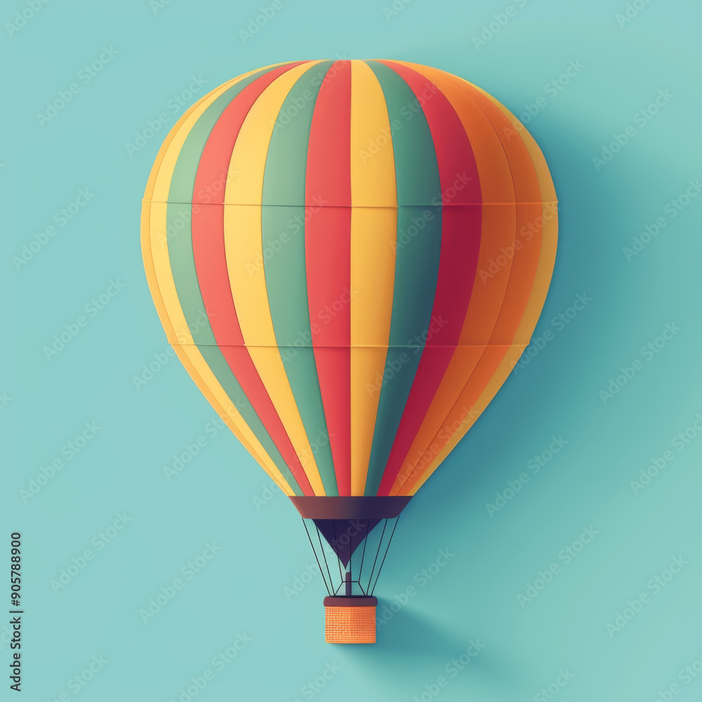 Naklejka premium Vibrant striped hot air balloon floating against a teal background, showcasing a simple and colorful design.