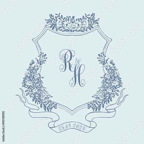 RH initial wedding monogram logo crest. Hand-drawn floral wedding crest outline vector illustration.
