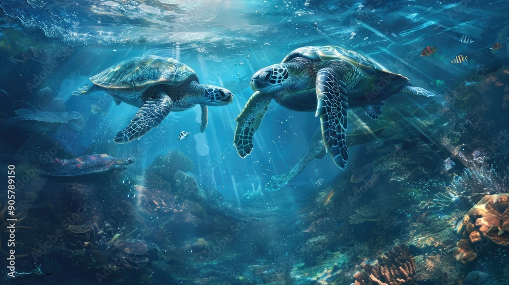 Fototapeta premium A pair of sea turtles swimming together in harmony, creating a beautiful underwater moment.