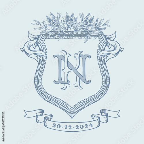 KN initial vintage wedding crest design. Blue vintage logo wedding crest with ribbon vector illustration.