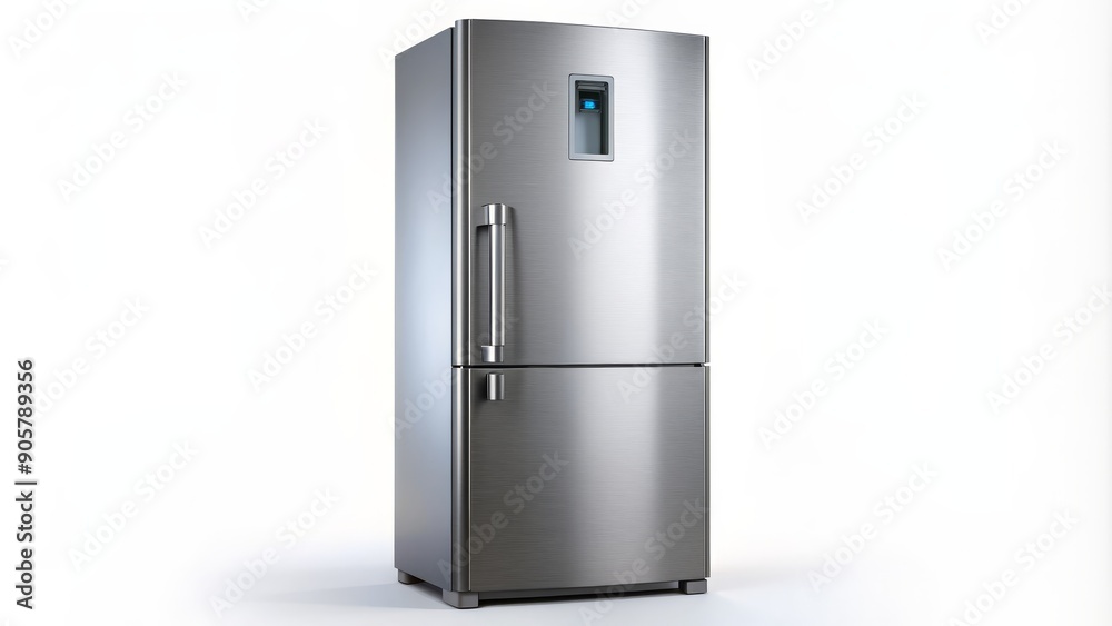 Stainless Steel Refrigerator with Water Dispenser, 3D Rendering, White Background, Kitchen Appliances, Refrigerator, Appliances, Home Stainless Steel Refrigerator with Water Dispenser, 3D Rendering, White Background, Kitchen Appliances, Refrigerator, Appliances, Home