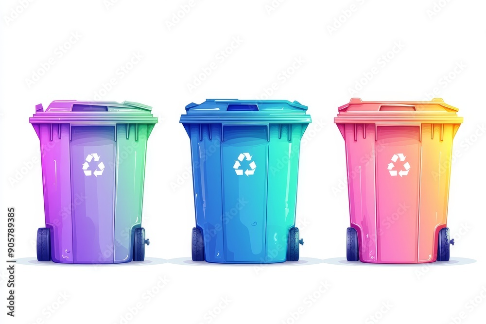 Set of colorful bins under a gradient sky promoting the aesthetic appeal of recycling in contemporary settings. Set of colorful bins under a gradient sky promoting the aesthetic appeal of recycling in contemporary settings.