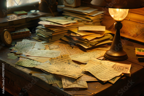 An Enchanting Glimpse into the Past: A Collection of Old, Handwritten Letters and Postcards on a Wooden Desk photo