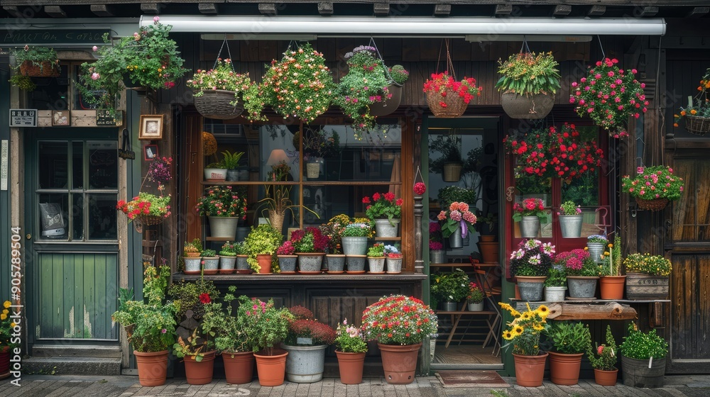 A quaint shopfront adorned with flower pots of various shapes and sizes, filled with seasonal flowers. A quaint shopfront adorned with flower pots of various shapes and sizes, filled with seasonal flowers.