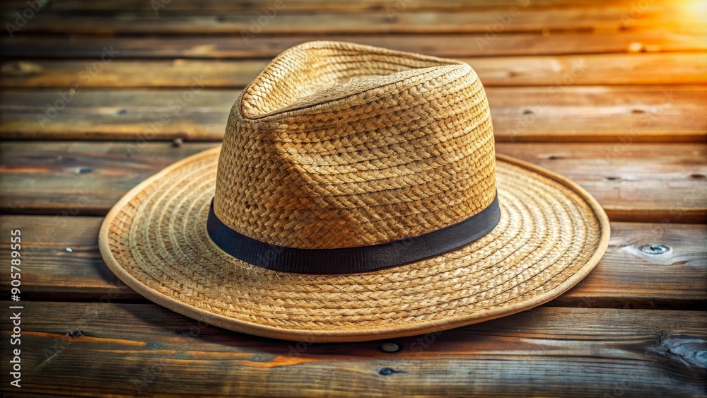 Straw Hat on Wooden Plank, Summer Style, Sunlit, Rustic, Straw hat, summer, rustic