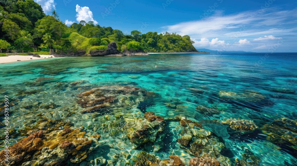 Fototapeta premium A remote island with a pristine beach, clear waters, and colorful coral reefs.