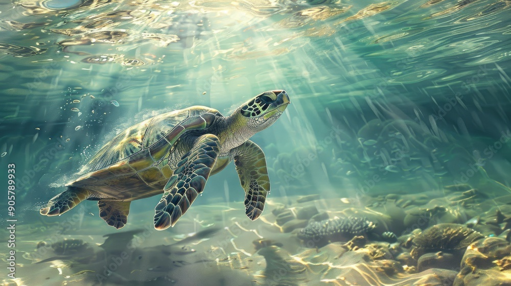 Obraz premium A sea turtle gliding through crystal-clear waters, with sunlight streaming down from the surface.