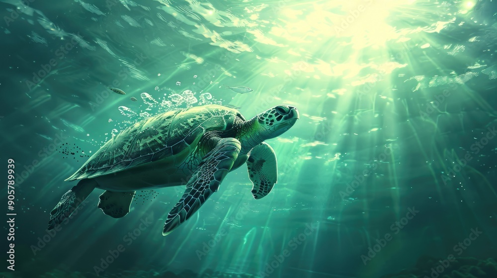 Fototapeta premium A sea turtle gracefully ascending towards the surface, with rays of sunlight penetrating the water.