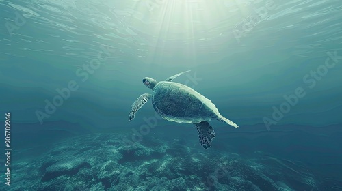 A sea turtle gracefully navigating through the open ocean, with the horizon in the distance.