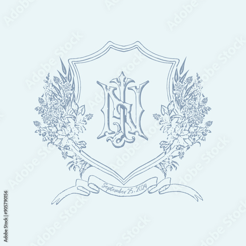 Vintage NJ JN initial monogram with floral wedding crest. Vintage wedding crest monogram.