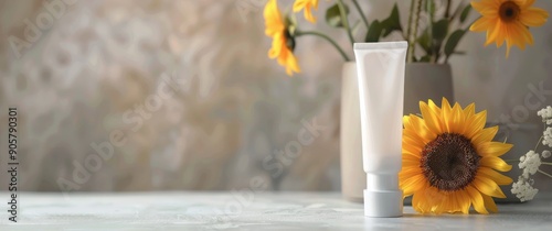 Cream Tube Beside Sunflowers on Soft Surface in Bright Natural Light
