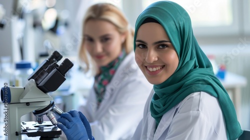 Muslim lady scientist in the laboratory, wearing a green headscarf, white lab coat, and blue gloves, working on clinical studies using microscopes.
