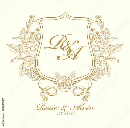 Luxury Wedding Crest Monogram. RA initial wedding crest. Beautiful hand drawn vintage crests with flowers Vector illustration.