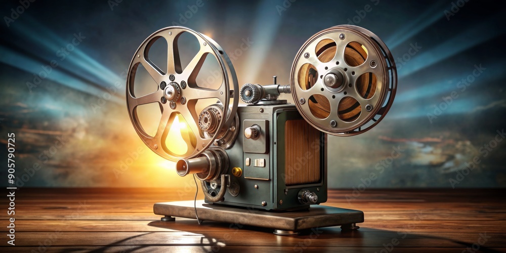 Obraz premium Vintage Film Projector on Wooden Table with Warm Lighting, film projector , movie , vintage , nostalgia