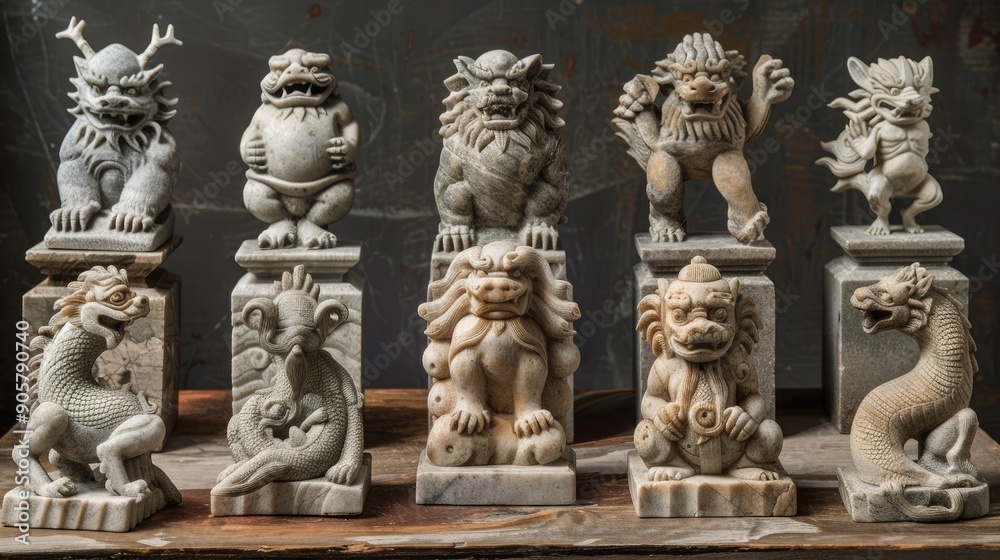A set of hand-carved stone figurines, each depicting a different mythical creature. A set of hand-carved stone figurines, each depicting a different mythical creature.