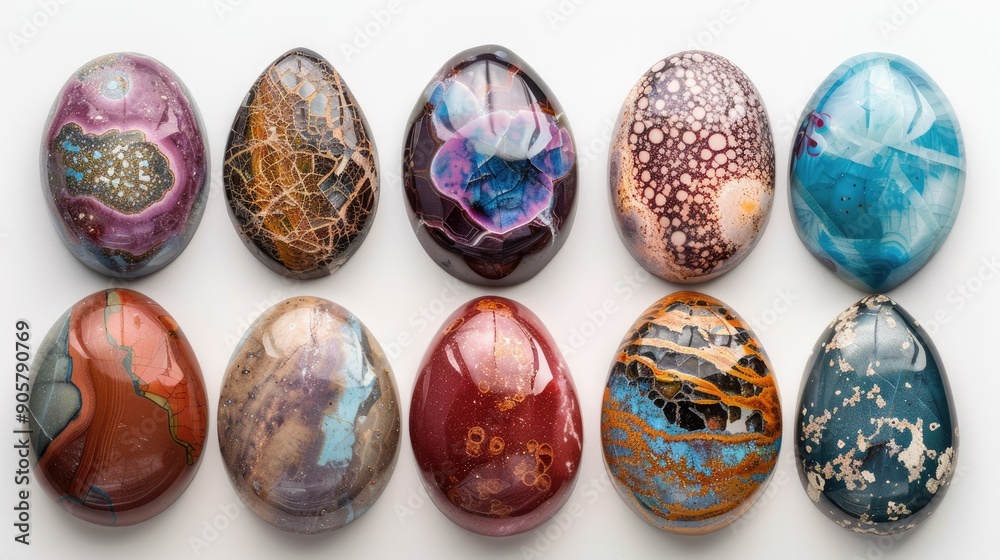 A set of polished gemstone cabochons, each showcasing unique colors and patterns. A set of polished gemstone cabochons, each showcasing unique colors and patterns.