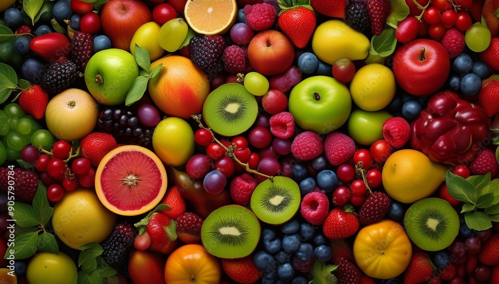 A vibrant canvas of different berries, including strawberries, blueberries, blackberries, raspberries, cranberries, gooseberries, red currants, elderberries, goji berries, and cloudberries, showcasing A vibrant canvas of different berries, including strawberries, blueberries, blackberries, raspberries, cranberries, gooseberries, red currants, elderberries, goji berries, and cloudberries, showcasing
