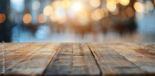 Rustic Wooden Table With Blurry Cafe Background During Golden Hour