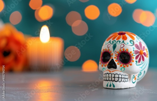 Colorful Sugar Skull and Lit Candle for Day of the Dead Celebration